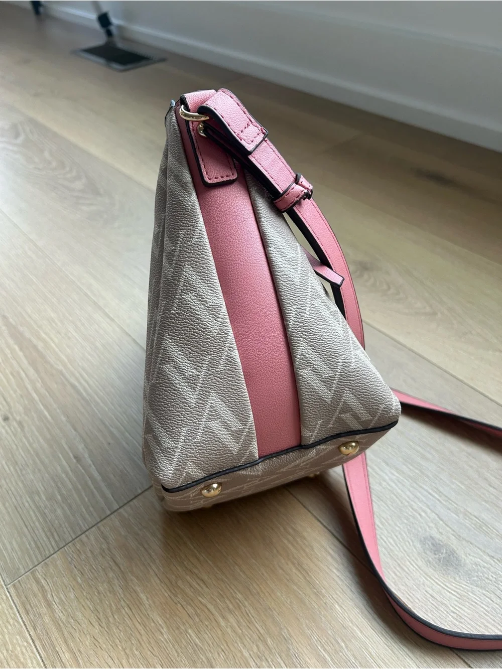 Adrienne Vittadini Monogram Crossbody Bag Pink Trim